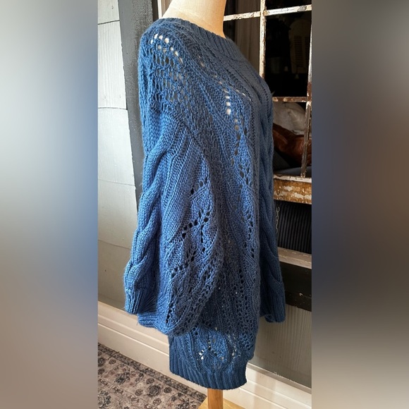 Three Birds Nest GOLDEN HOUR BUBBLE SLEEVE SWEATER DRESS Blue Cable Knit - Picture 3 of 5